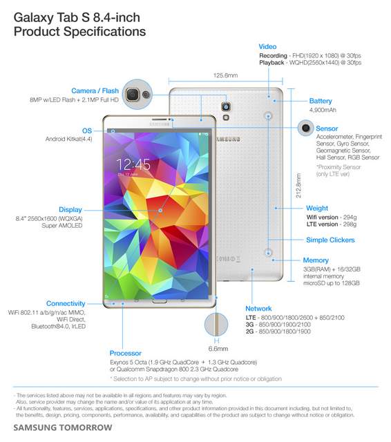 Galaxy Tab S 8.4 and 10.5 Announced Specs and Price Details Galaxy Tab S 8 4 Specifications Galaxy Tab S 8.4 and 10.5 Announced Specs and Price Details